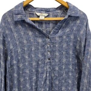 Bob Timberlake Womens XL Tunic Linen Blend Pullover Shirt Blue Indigo Plaid